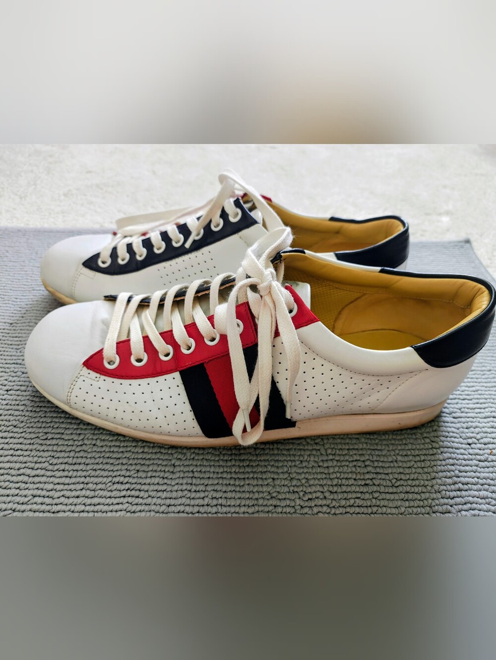 Gucci White Leather Sneakers with Red & Blue Web Stripe